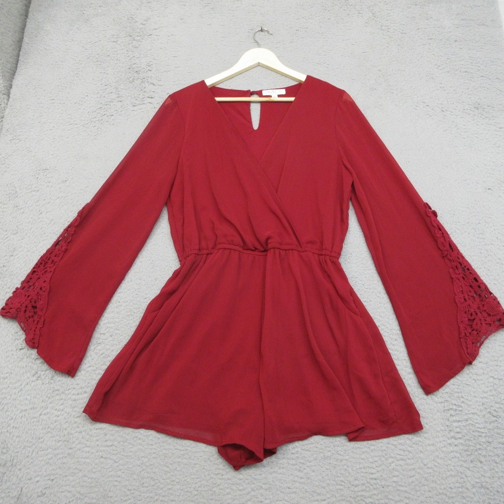 Love Fire Crochet Trim Romper Juniors XL Red Bell Sleeve Deep V Festival Boho